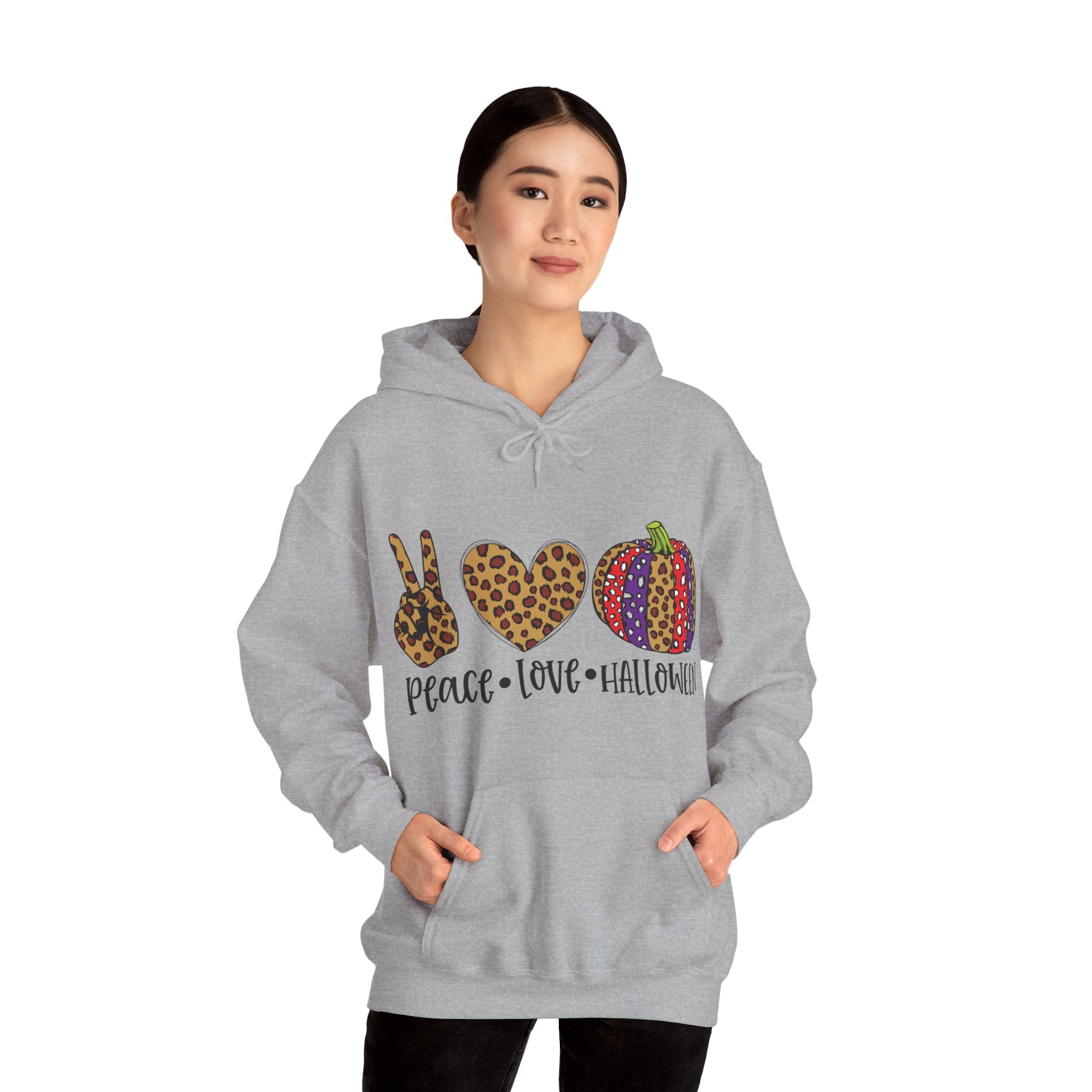 Peace Love Halloween Hoodie – Gildan 18500 Unisex Pullover | Fun Halloween Sweatshirt | Spooky Season Hoodie | Fall Holiday Apparel