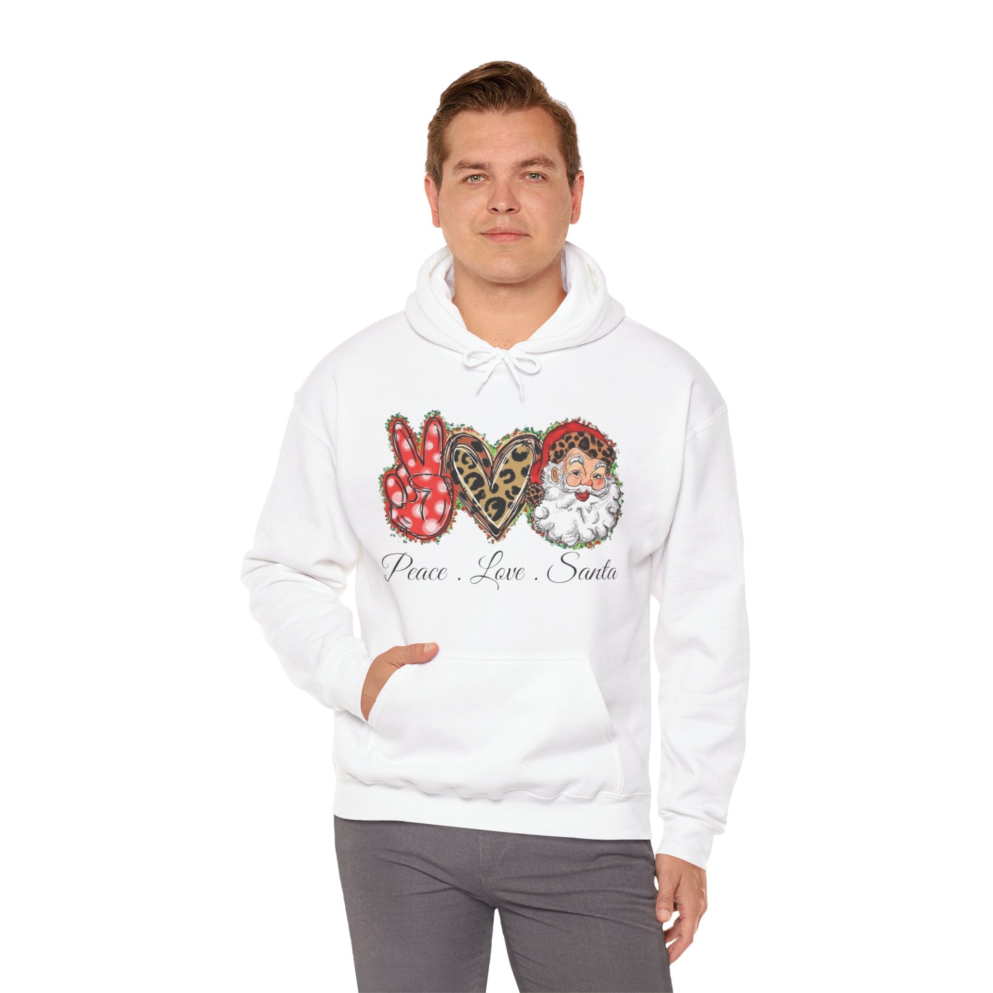 Peace Love Santa Gildan 18500 Hooded Sweatshirt – Cozy Christmas Hoodie | Holiday Spirit Pullover | Festive Santa Sweatshirt