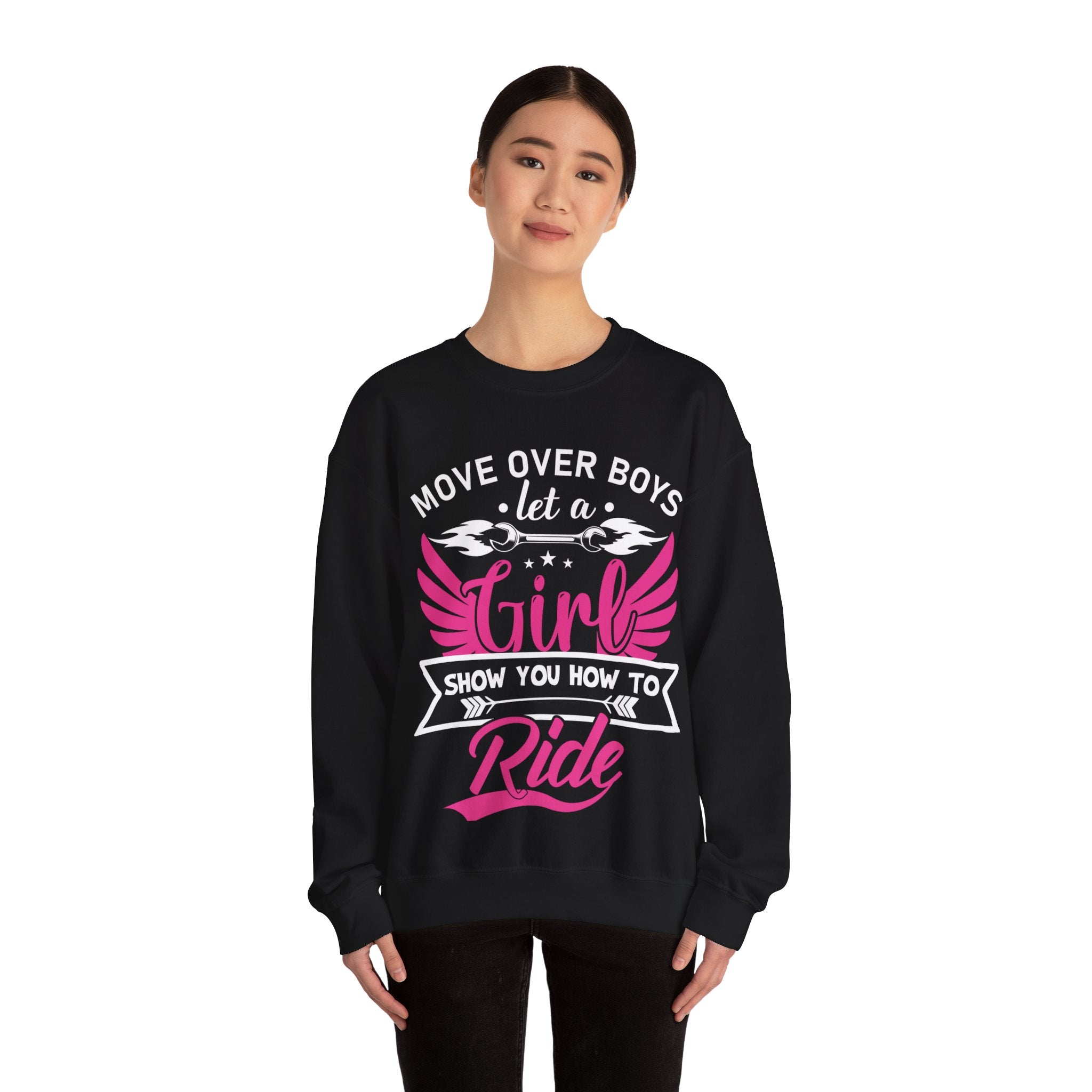 Move Over Boys Let a Girl Show You How to Ride Crewneck Sweatshirt – Women’s Motorcycle Quote Pullover | Biker Girl Apparel | Riding Shirt