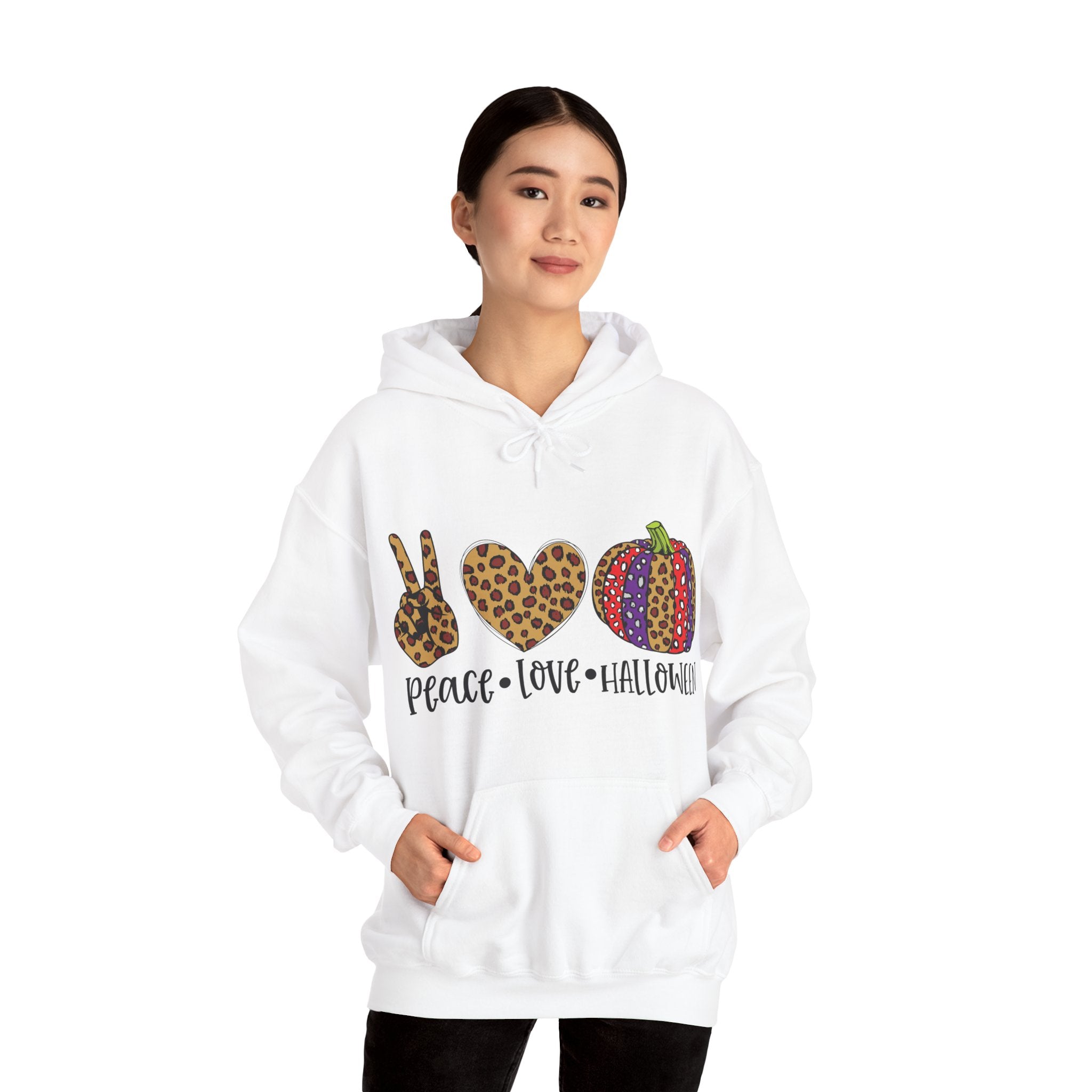 Peace Love Halloween Hoodie – Gildan 18500 Unisex Pullover | Fun Halloween Sweatshirt | Spooky Season Hoodie | Fall Holiday Apparel