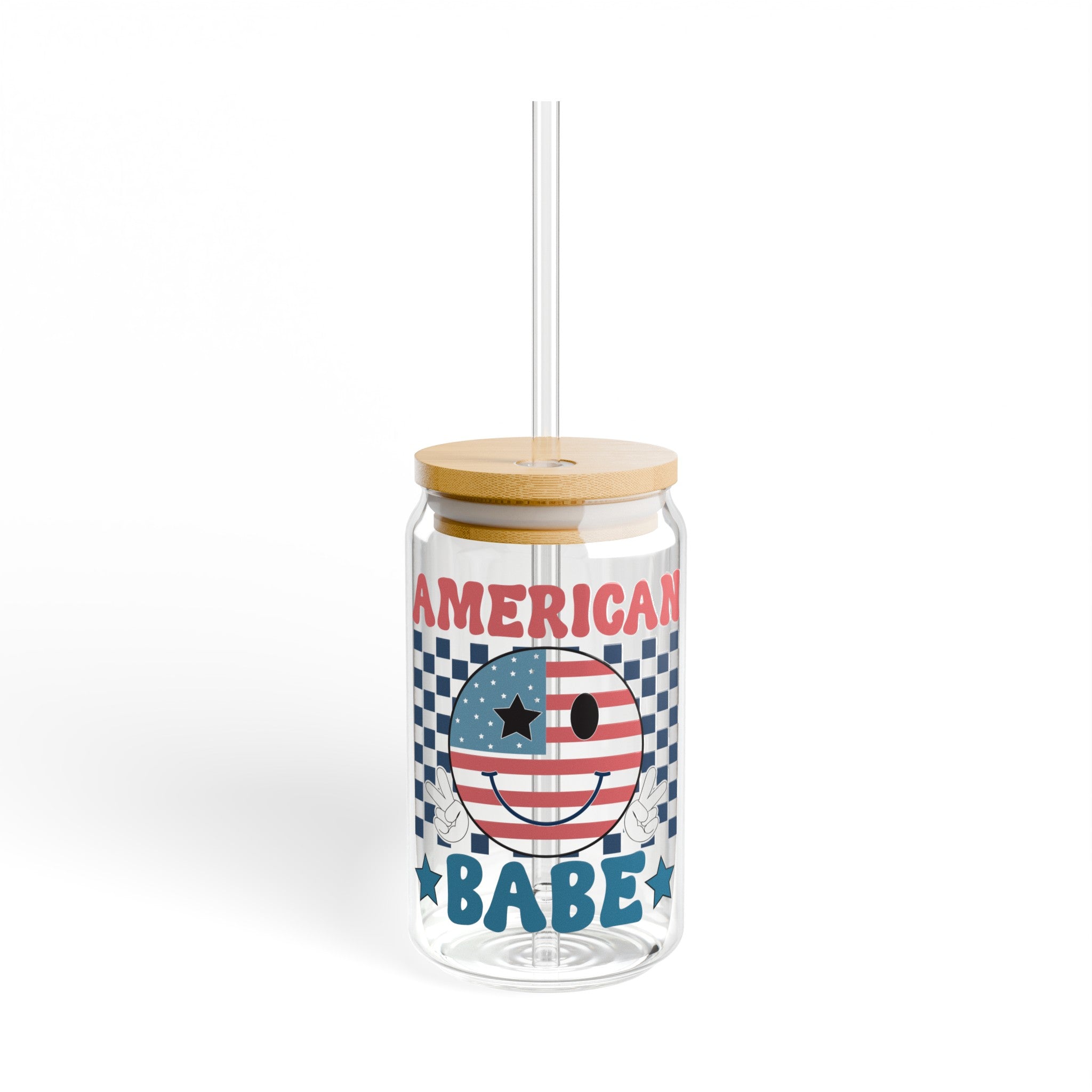 Patriotic Sips: 16oz Glass Cup with Bamboo Lid – American Babe Design