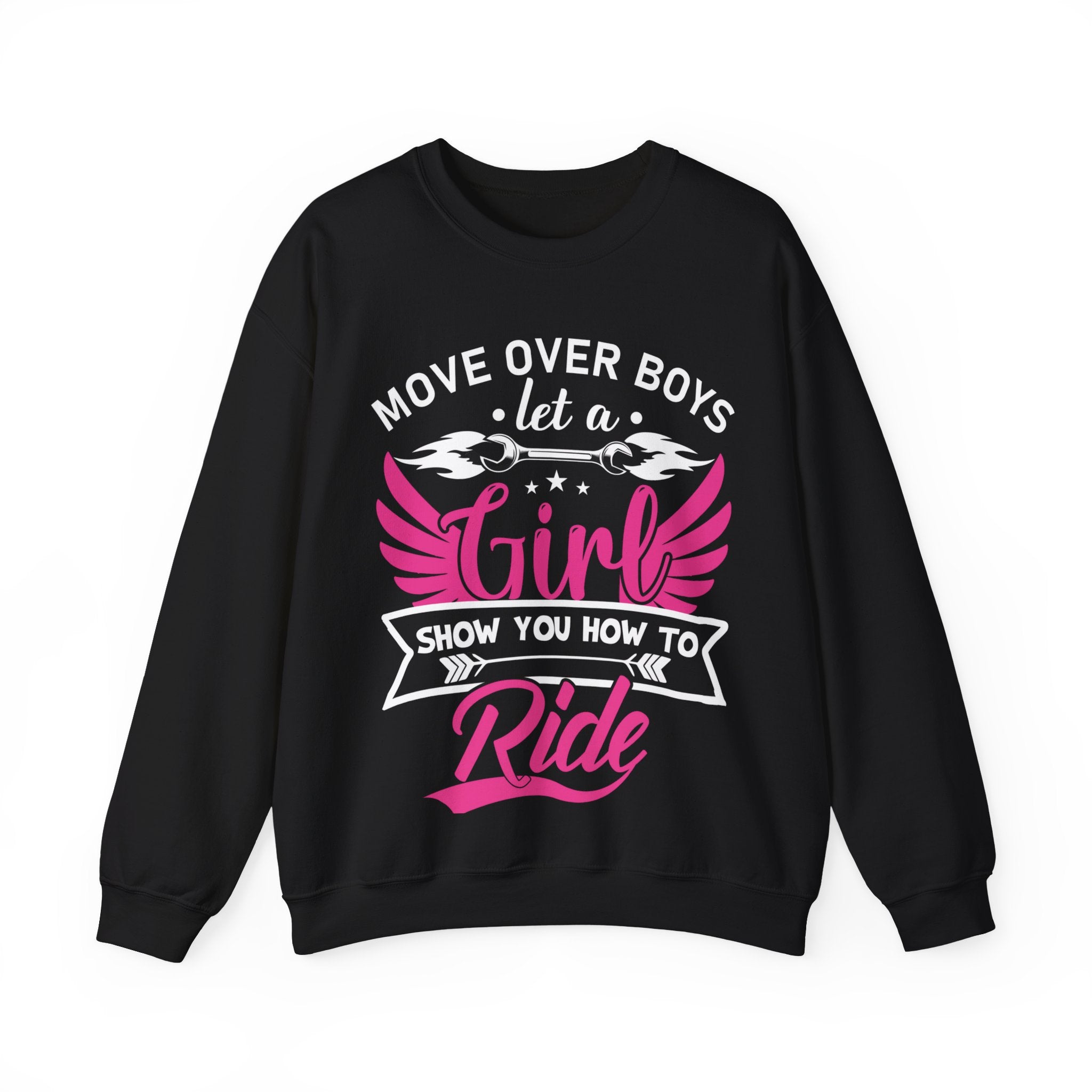 Move Over Boys Let a Girl Show You How to Ride Crewneck Sweatshirt – Women’s Motorcycle Quote Pullover | Biker Girl Apparel | Riding Shirt