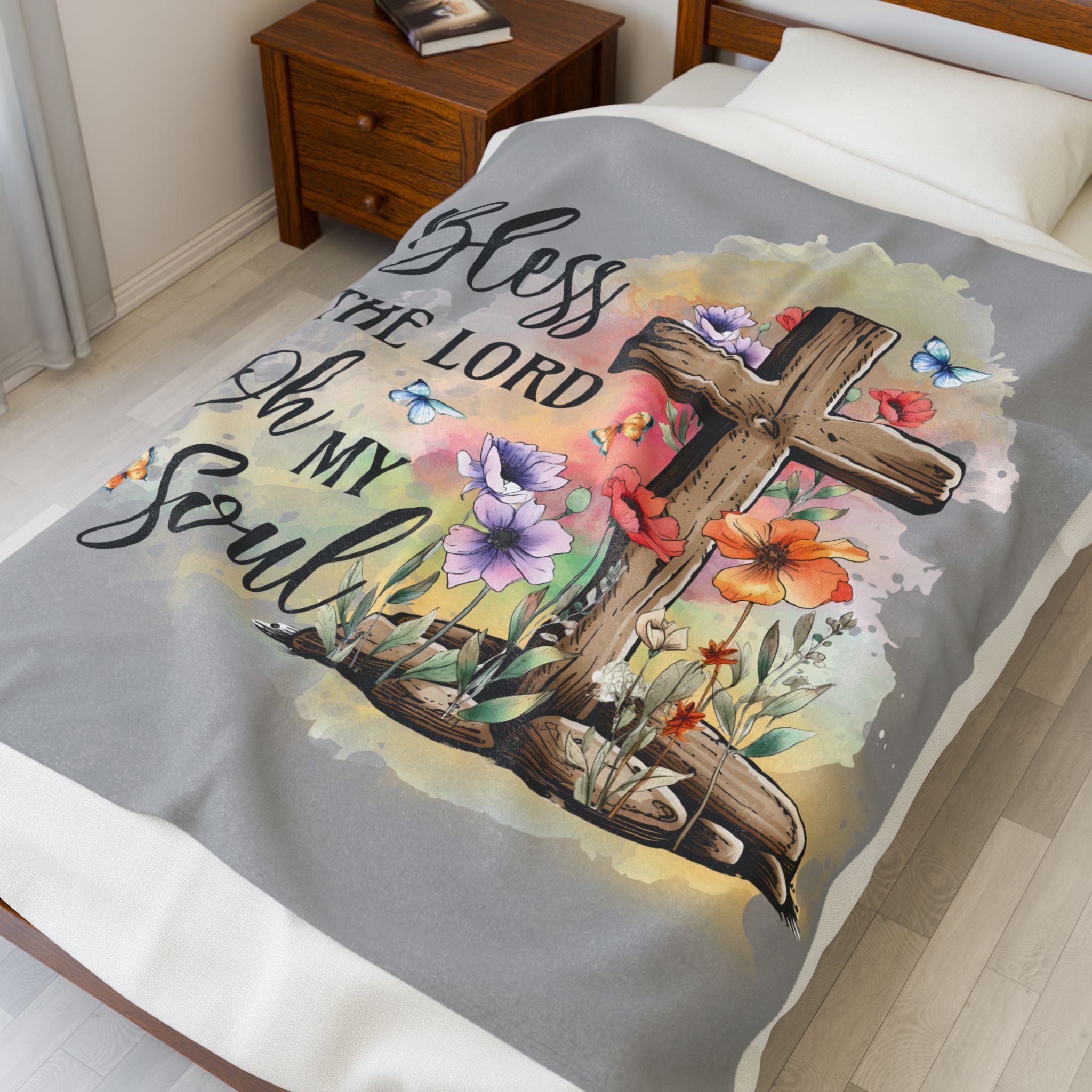 Bless the Lord, Oh My Soul Velveteen Plush Blanket – Christian Scripture Throw | Psalm 103:1 Blanket | Faith-Based Gift | Cozy Prayer Blanket